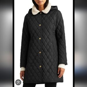 Ralph Lauren Black Label Jacket Long Quilted Black Fleece Collar Sz Small Hooded